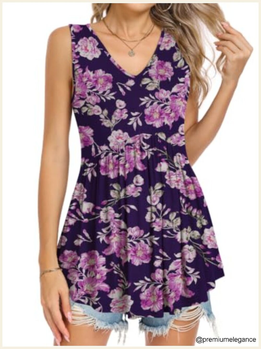 Womens Sleeveless V Neck Tunic Tank Top Flowy Pleated Floral Blouse Summer